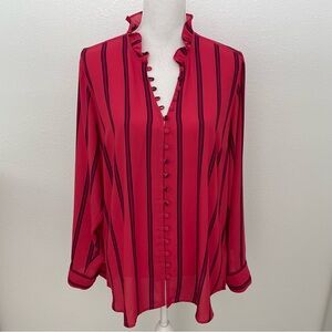 Express Slim Portofino Striped Ruffle Collar Blouse - Red, XL